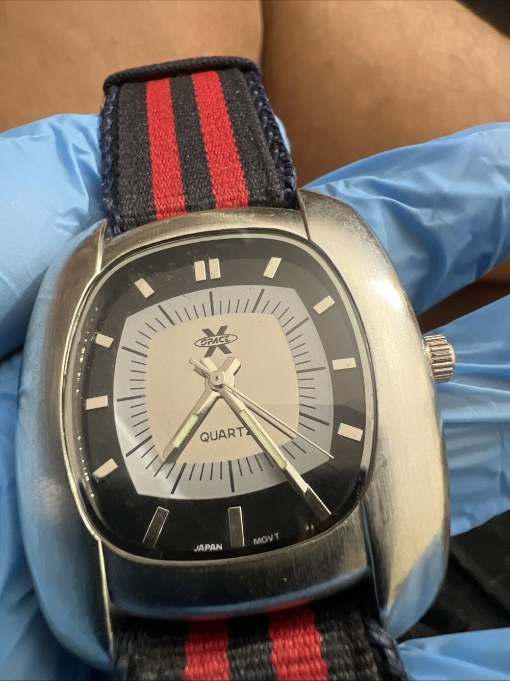 X Space Quartz Watch Silver Tone Case Black Red Stripe Band New Battery